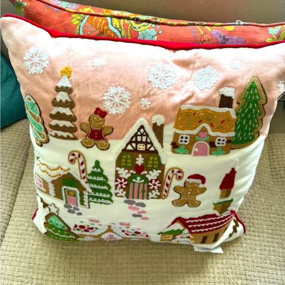 Christmas Gingerbread Town Embroidered Pillow. - Picture 5 of 8